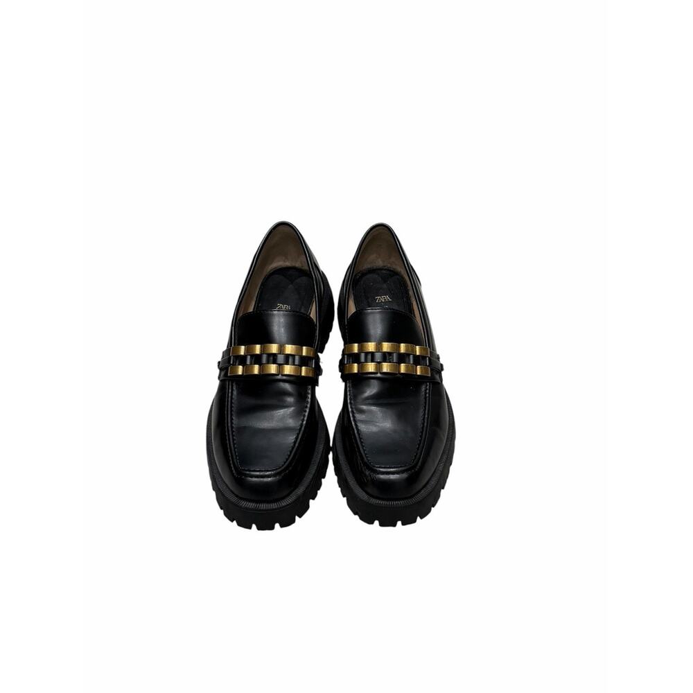 Zara Black Patent Faux Leather Chunky Loafers SZ 40 Gold Chain Punk Y2K - Picture 2 of 13